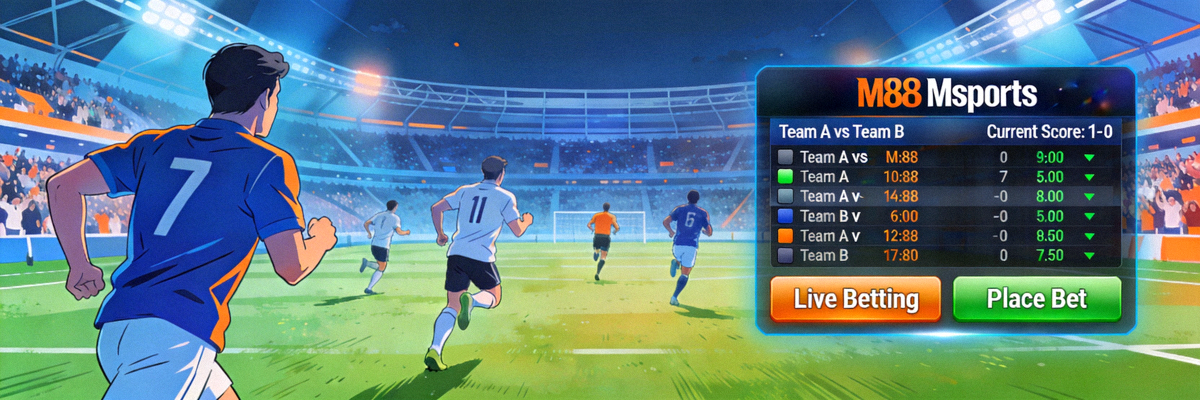 Ilustrasi taruhan langsung live betting pada pertandingan sepak bola di platform M88 Msports