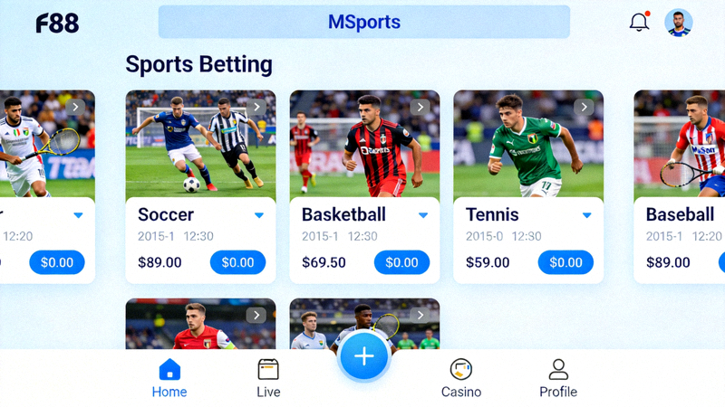 Screenshot antarmuka M88 Msports yang modern dengan berbagai pilihan taruhan olahraga