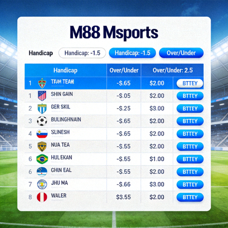 Tampilan pasar taruhan sepak bola lengkap dengan berbagai pilihan handicap dan over/under di M88 Msports